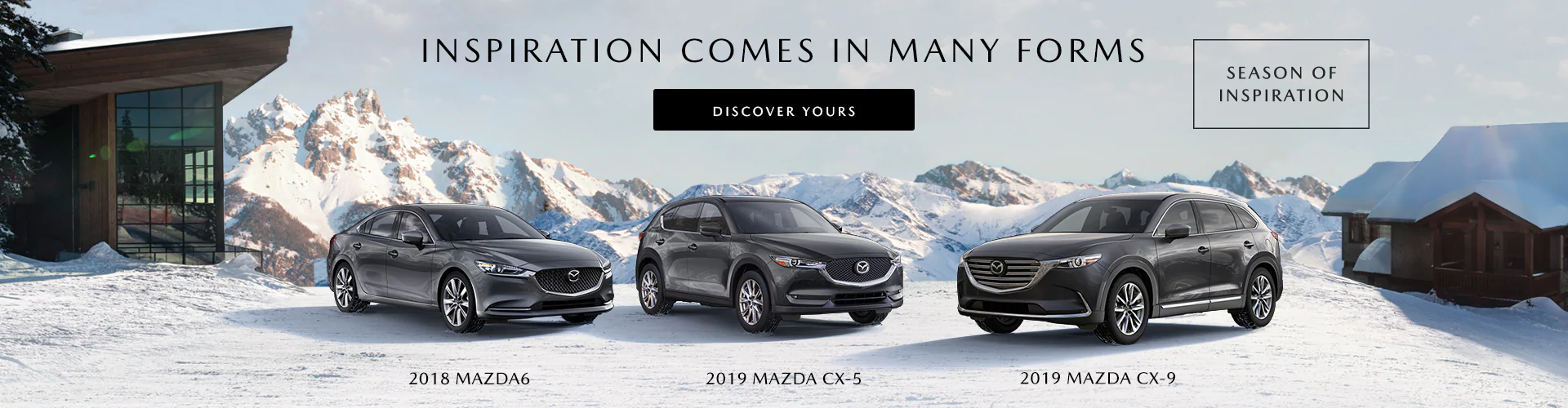 Image of three Mazda vehicles parked in front of a snowy, mountain backdrop.